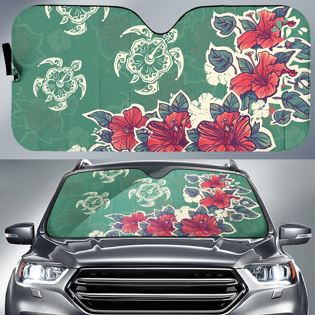 Turtle Hibiscus Red Car Sun Shade AH Auto Sun Shade Universal Fit White - Polynesian Pride