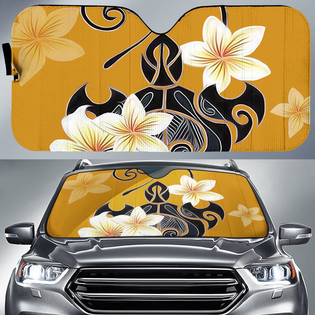 Turtle Poly Trinal Plumeria Yellow Car Sun Shade AH Auto Sun Shade Universal Fit White - Polynesian Pride