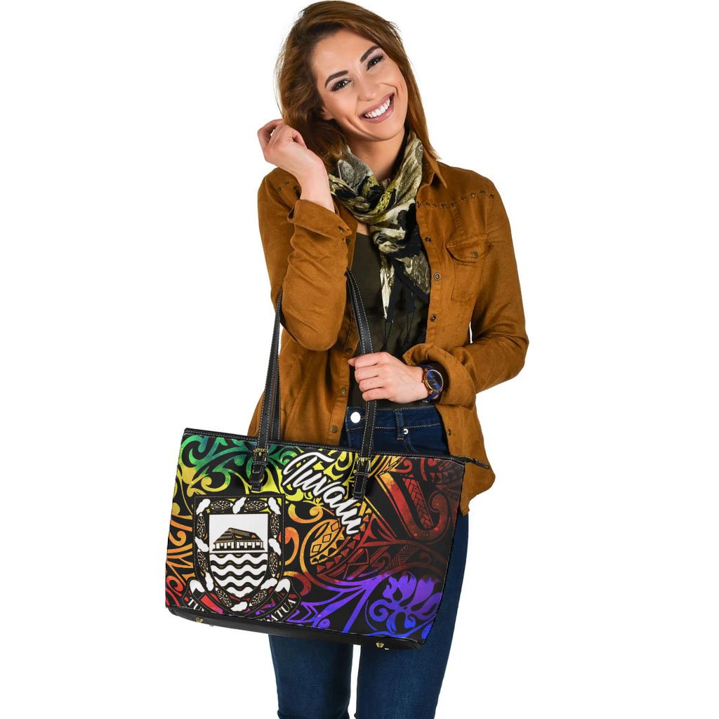 Tuvalu Custom Personalised Leather Tote Bag - Rainbow Polynesian Pattern - Polynesian Pride