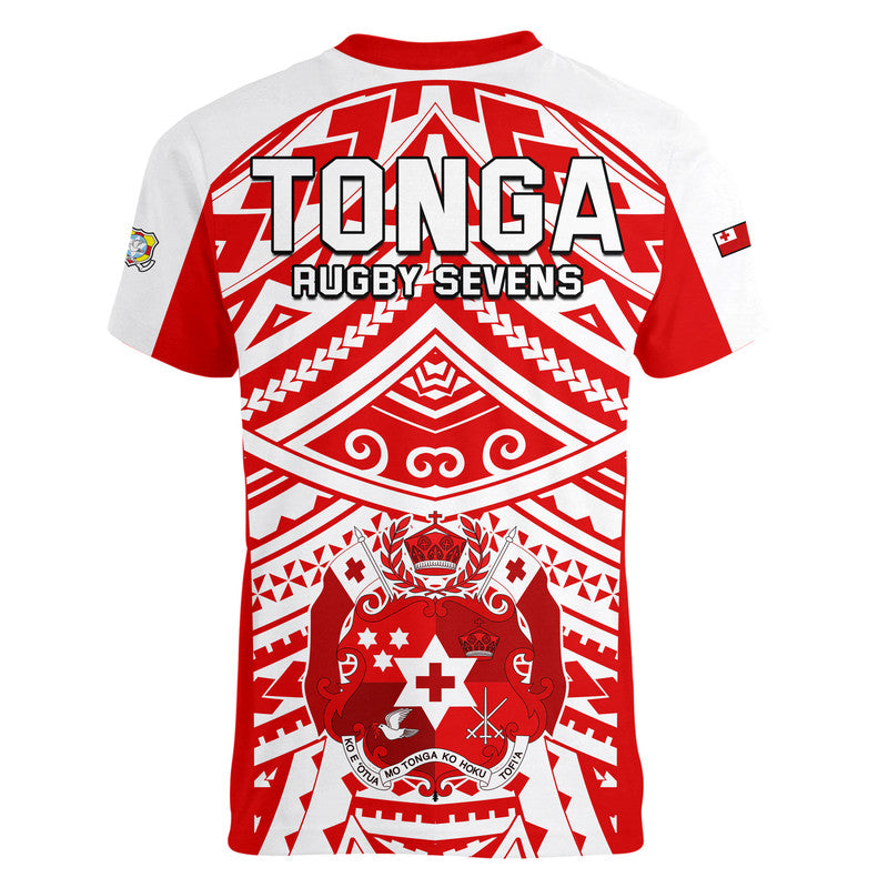 Tonga Rugby Sevens V-Neck T Shirt Coat of Arms Tribal Polynesian Pattern LT9 - Polynesian Pride
