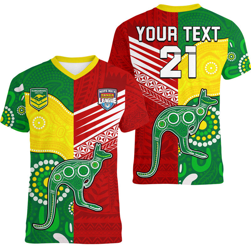 (Custom Personalised) Australia Kangaroos and Mate Maa Tonga V-Neck T Shirt No2 LT9 - Polynesian Pride