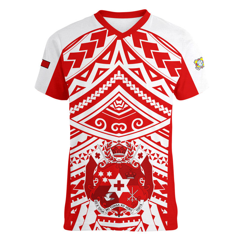 Tonga Rugby Sevens V-Neck T Shirt Coat of Arms Tribal Polynesian Pattern LT9 Female Red - Polynesian Pride
