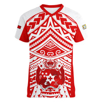 Tonga Rugby Sevens V-Neck T Shirt Coat of Arms Tribal Polynesian Pattern LT9 Female Red - Polynesian Pride