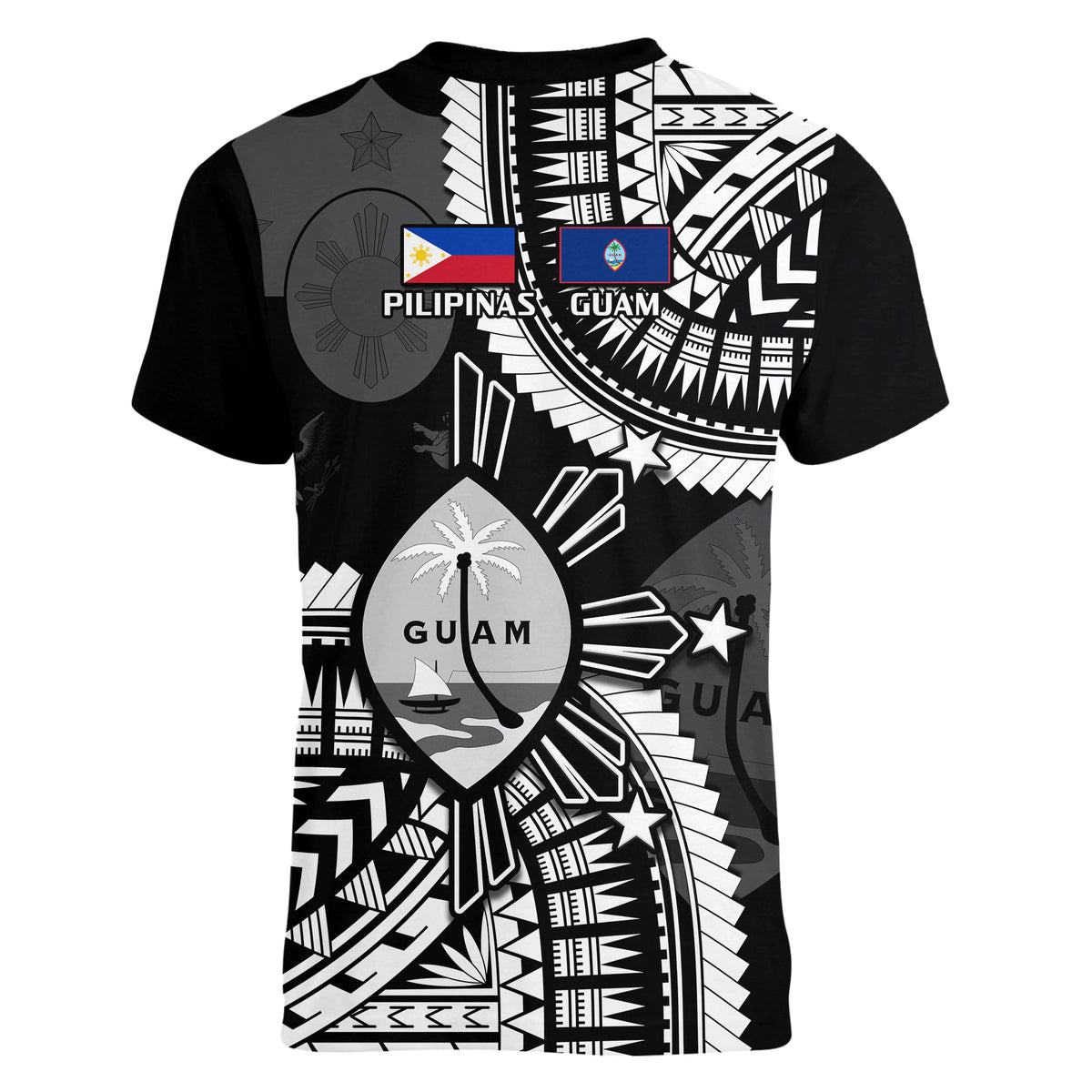 Guam and Philippines V-Neck T Shirt Guaman Filipinas Together Black LT14 - Polynesian Pride