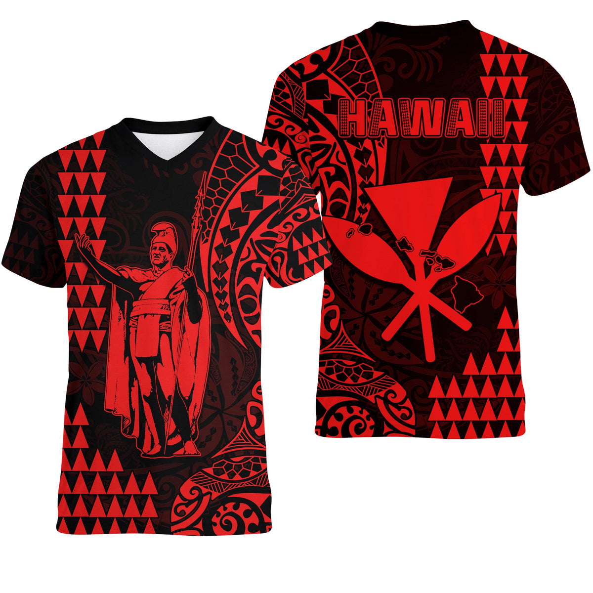 Hawaii Day Kakau V-Neck T Shirt Proud To Be Hawaiian Red King Kamehameha and Kanaka Maoli LT13 Female Red - Polynesian Pride