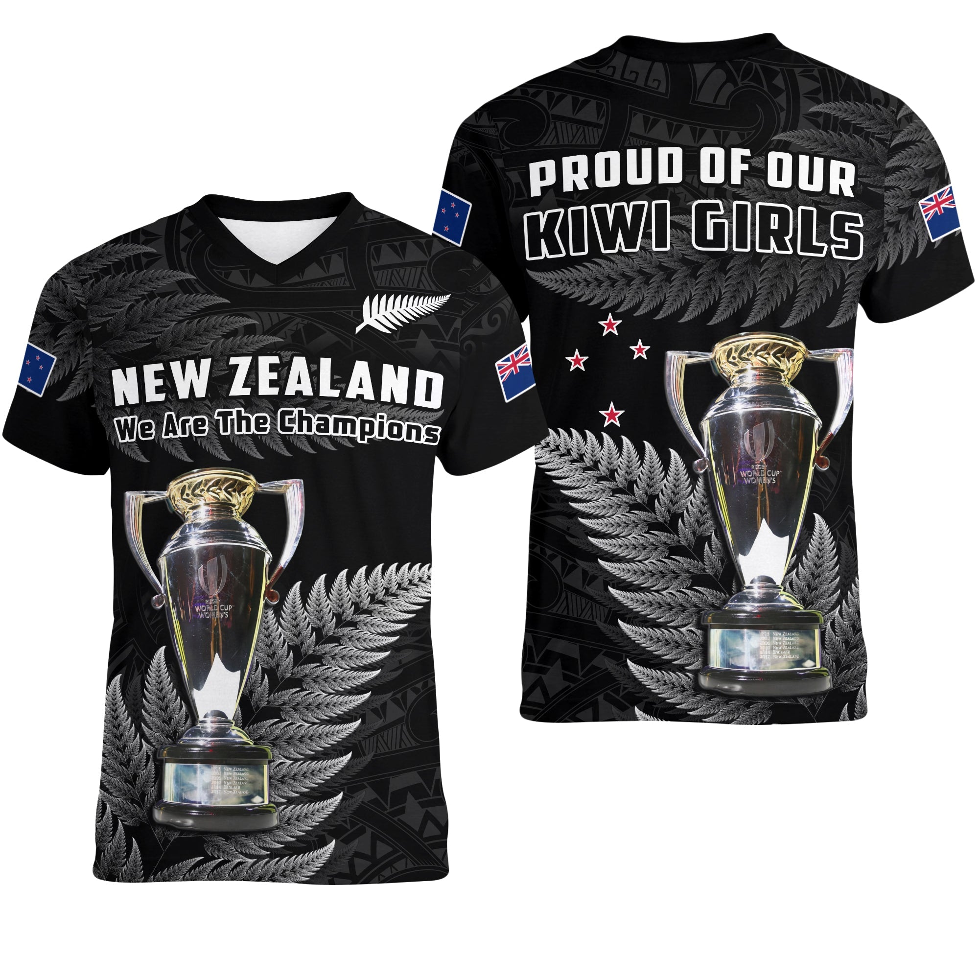 New Zealand 2022 Rugby V-Neck T Shirt Black Fern Proud Champions RWC LT14 Female Black - Polynesian Pride