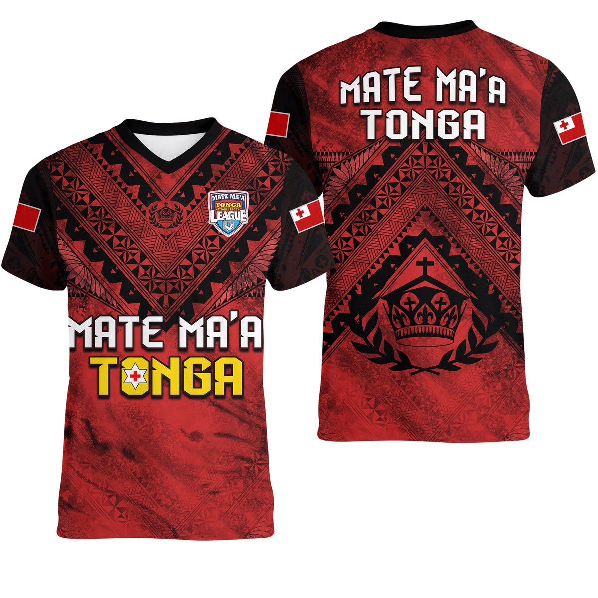 Tonga Rugby MMT V-Neck T Shirt Ngatu Mate Maa Tonga Grunge LT13 Female Red - Polynesian Pride