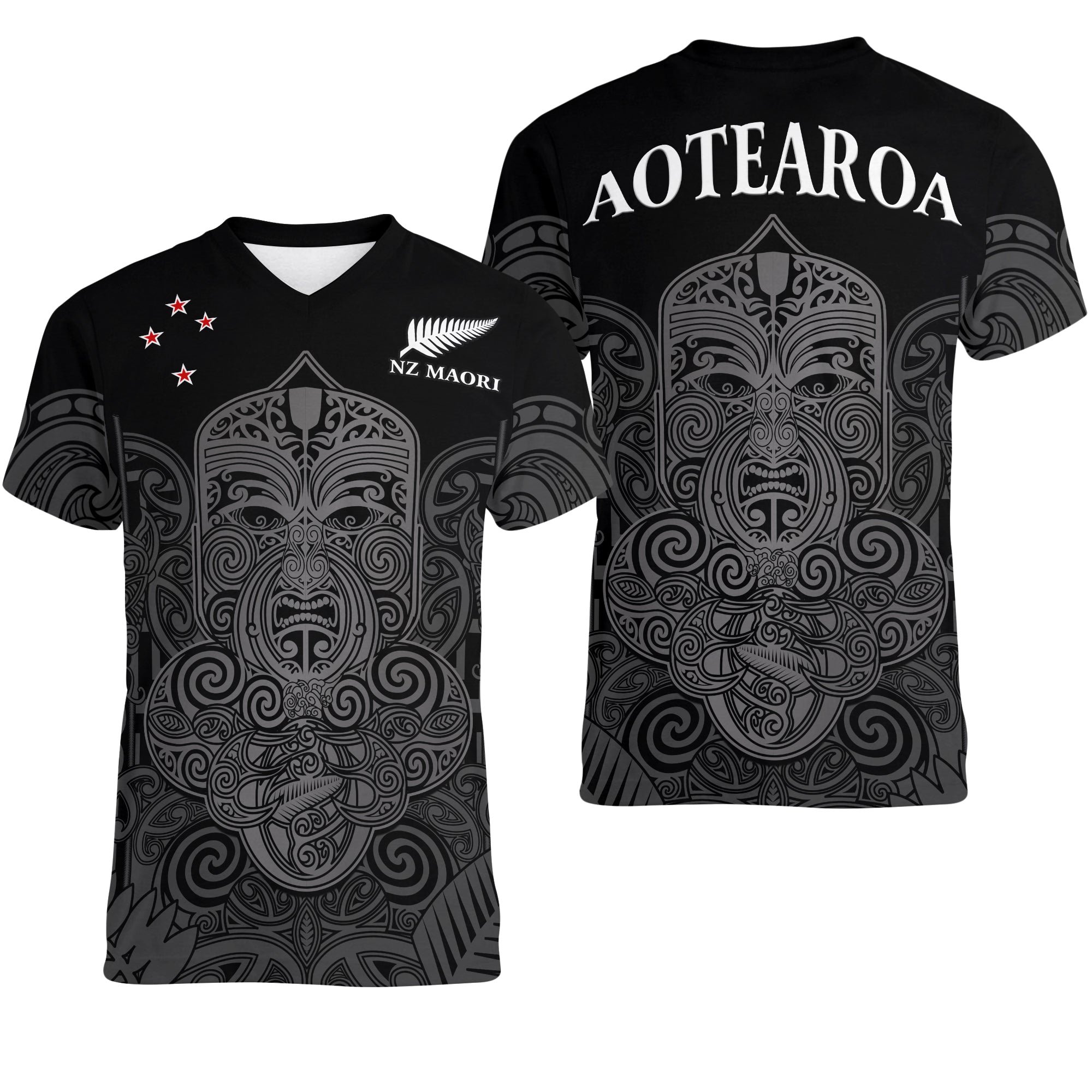 New Zealand Tiki Rugby V-Neck T Shirt NZ Maori Koru Pattern LT14 Female Black - Polynesian Pride