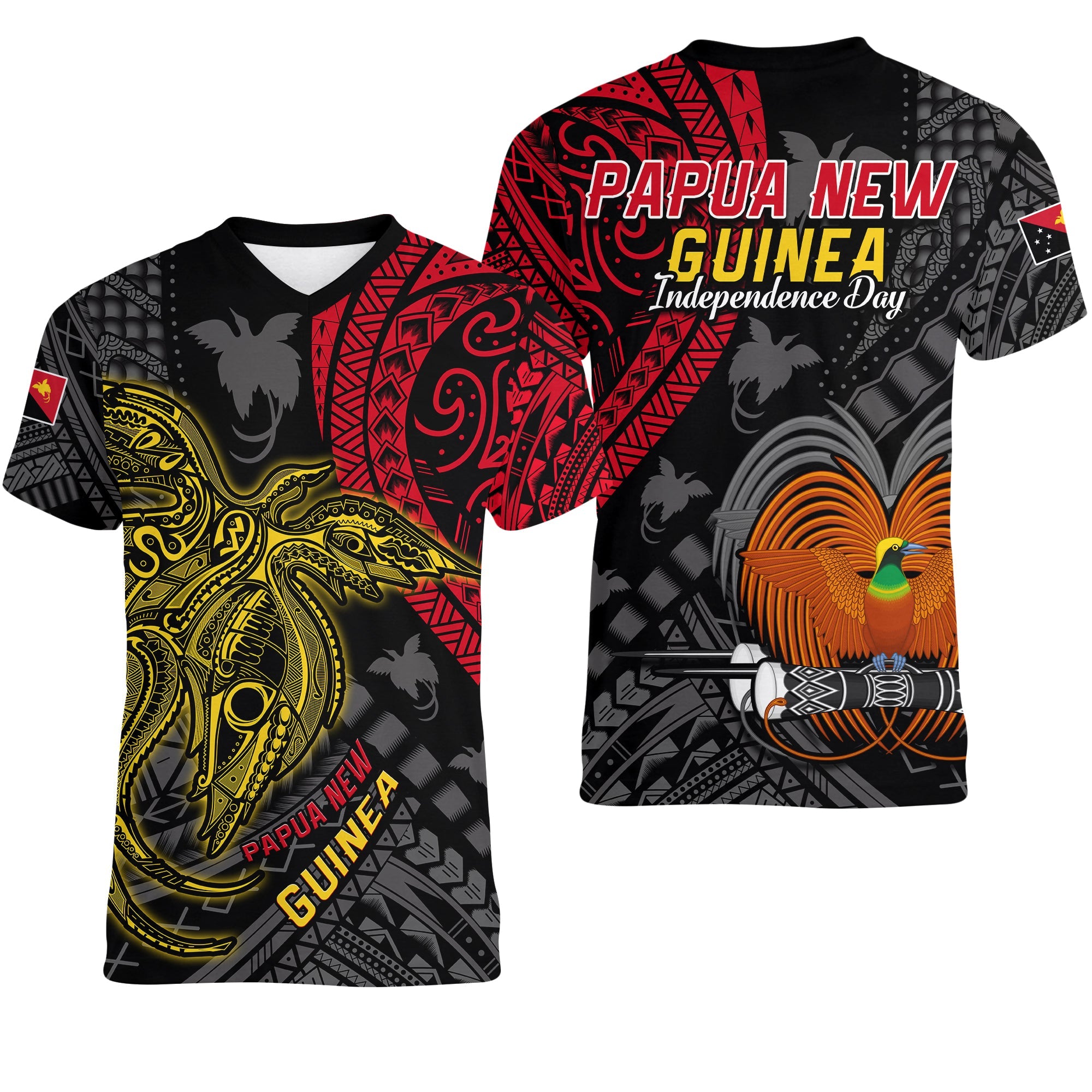 Papua New Guinea V Neck T Shirt Raggiana Birds Of Paradise Happy 47th Independence Day LT13 Black - Polynesian Pride