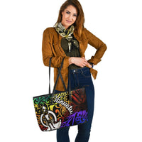 Vanuatu Large Leather Tote Bag - Rainbow Polynesian Pattern - Polynesian Pride