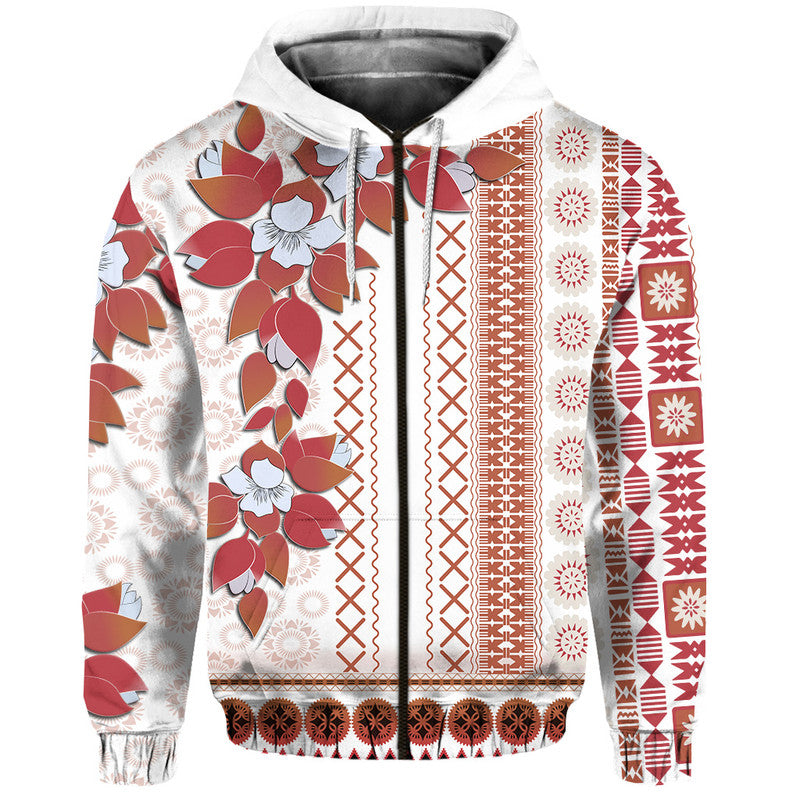 Fiji Hoodie Tagimoucia Mixed White Tapa Style LT9 Zip Hoodie White - Polynesian Pride
