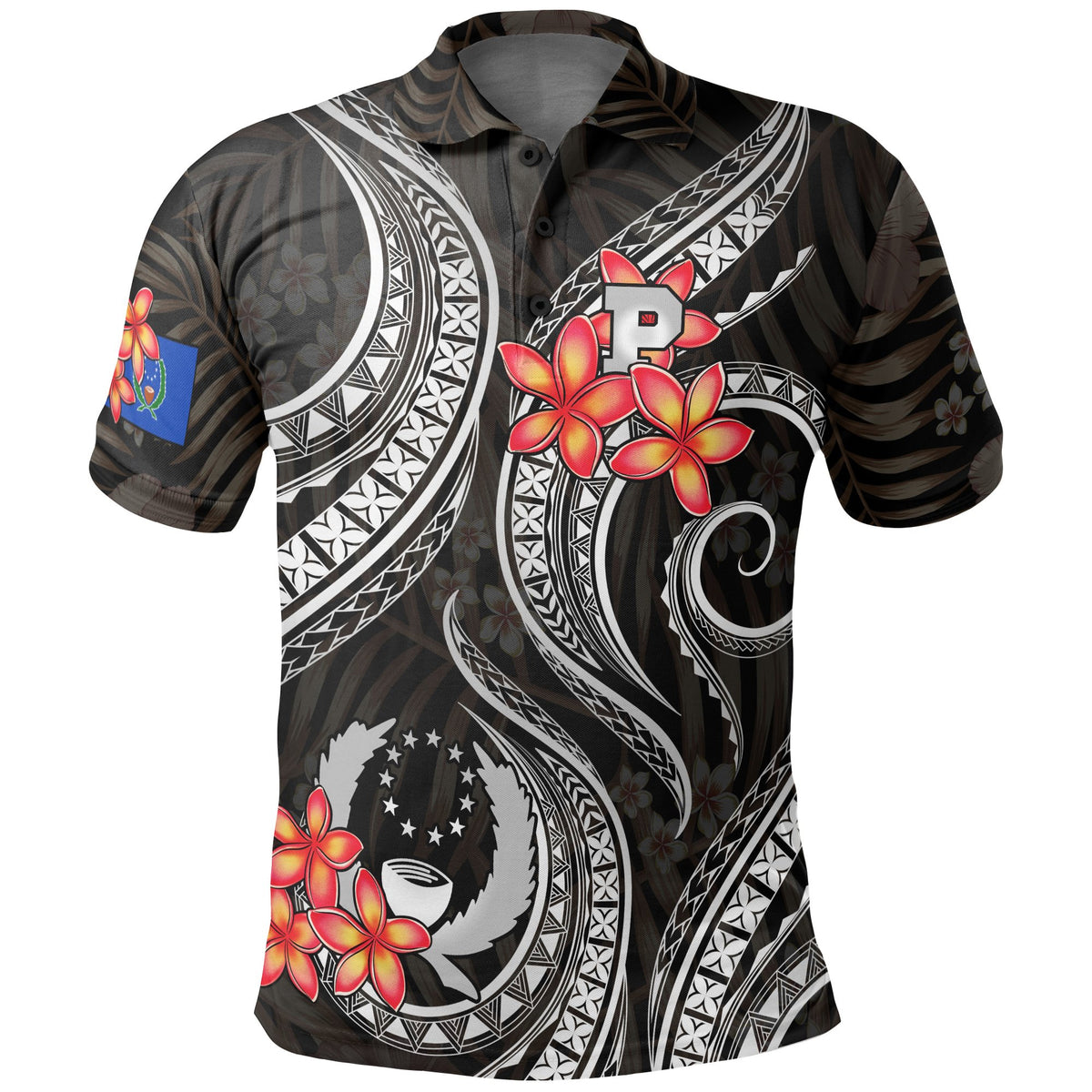 Pohnpei Micronesian Polo Shirt Black Plumeria Unisex BLACK - Polynesian Pride
