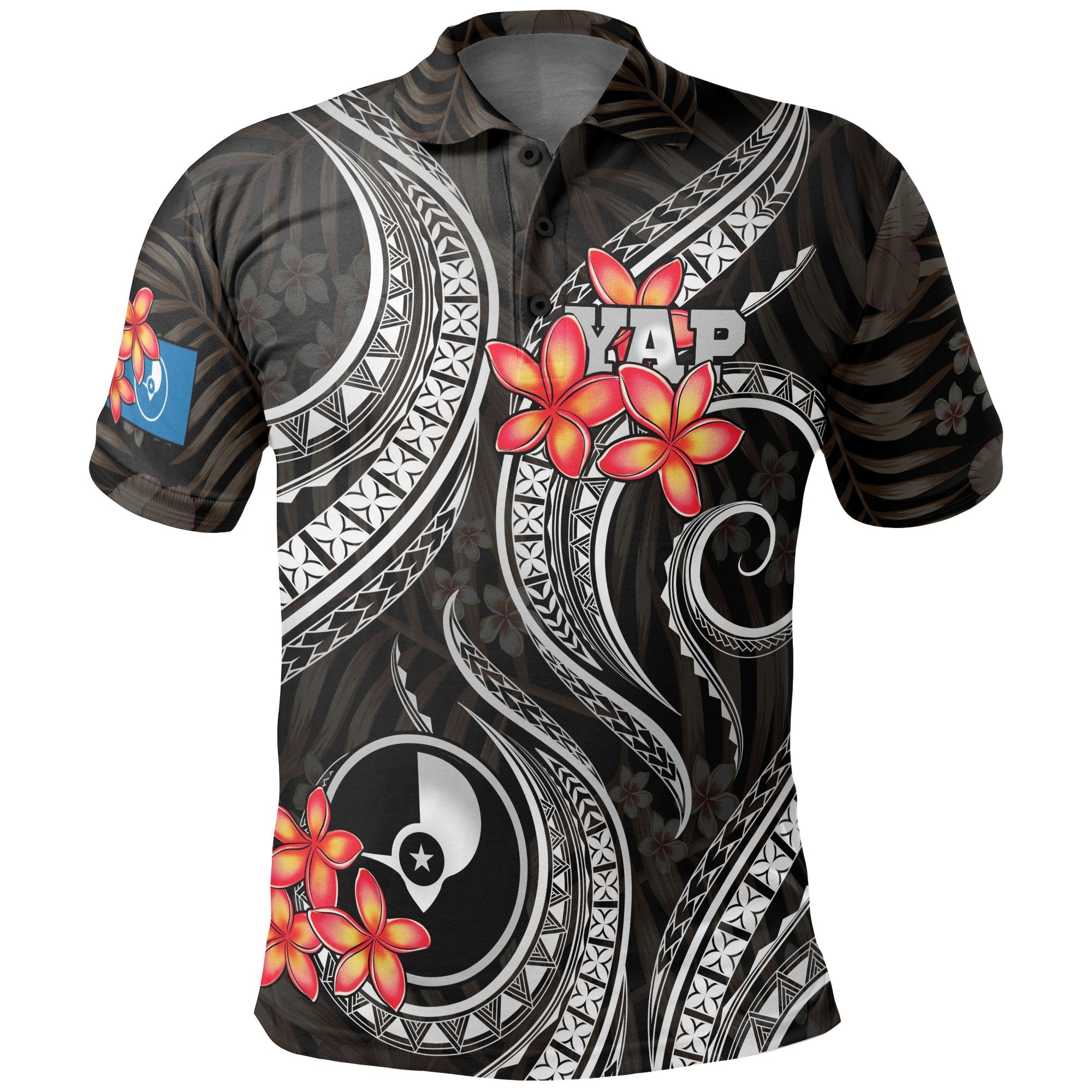 Yap Micronesian Polo Shirt Black Plumeria Unisex BLACK - Polynesian Pride