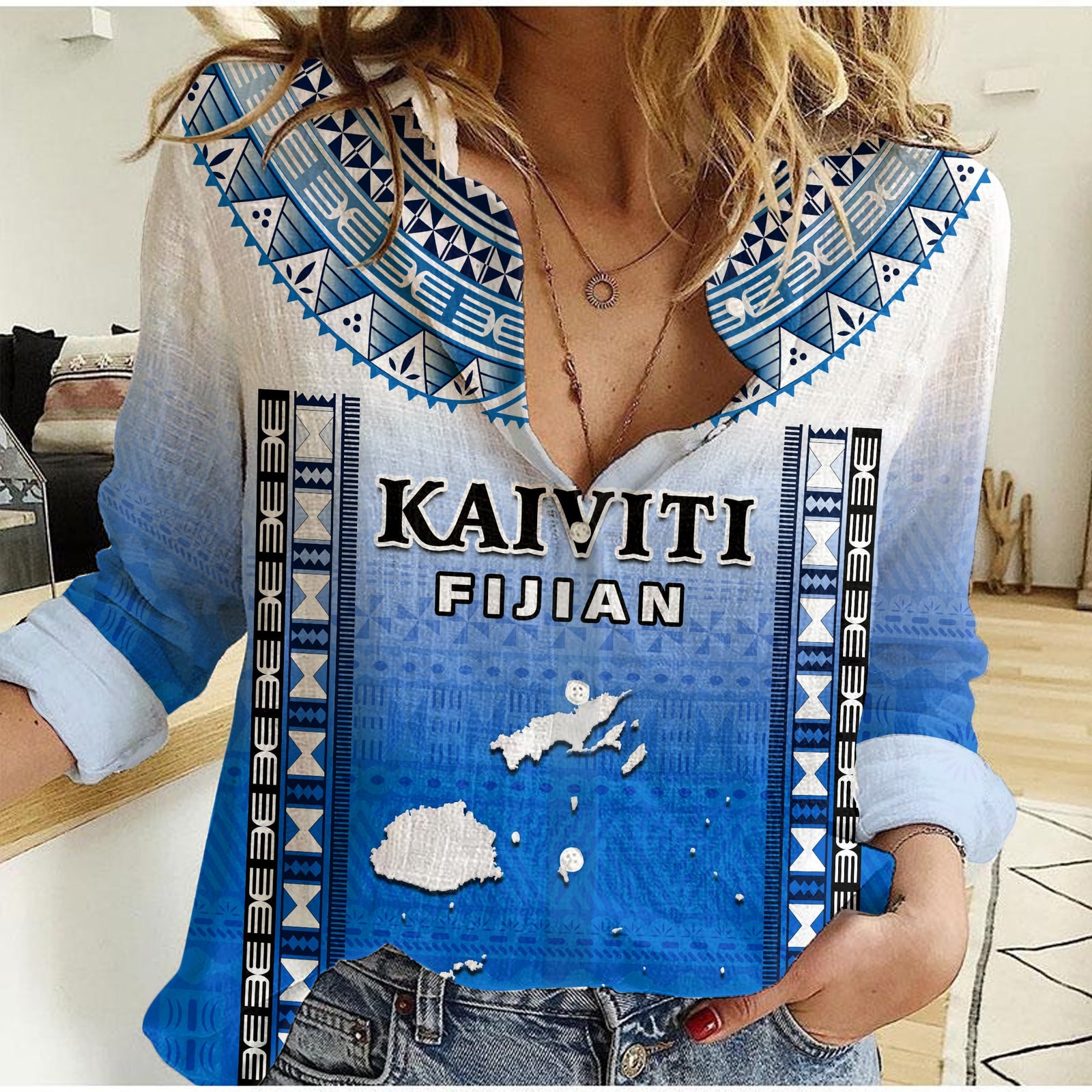 Fiji Women Casual Shirt Kaiviti Fijian Special Tapa Pattern LT14 Female Blue - Polynesian Pride