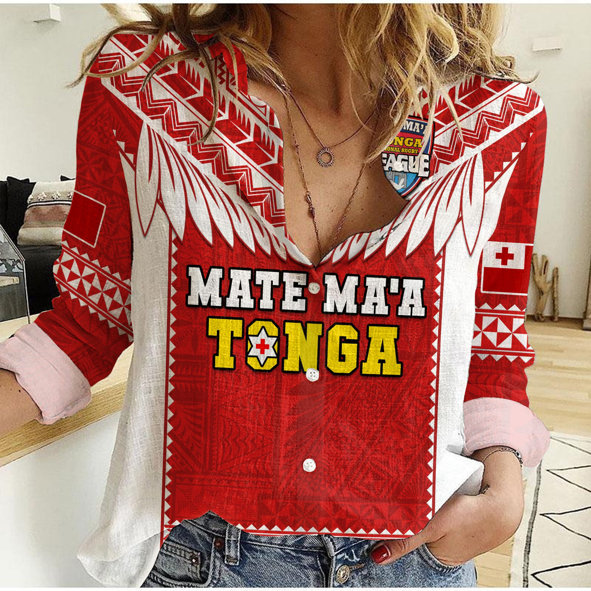 (Custom Text And Number) Tonga Rugby Women Casual Shirt Mate Maa Tonga Pacific Ngatu White LT14 Female Red - Polynesian Pride