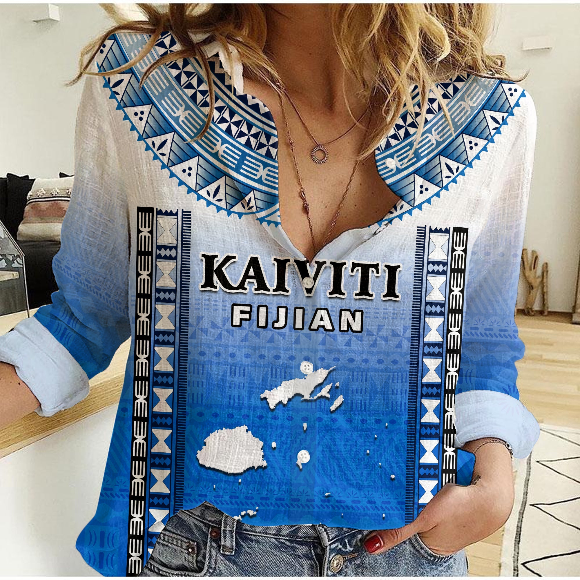 Custom Text And Number Fiji Women Casual Shirt Kaiviti Fijian Special Tapa Pattern LT14 Female Blue - Polynesian Pride