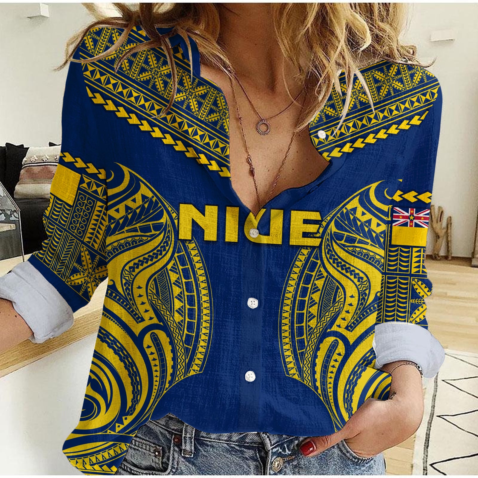 Niue Women Casual Shirt Hiapo Mix Polynesian Happy Constitution Day LT14 Female Blue - Polynesian Pride