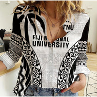 Fiji University Women Casual Shirt National Fijian Tapa Pattern White LT14 Female White - Polynesian Pride
