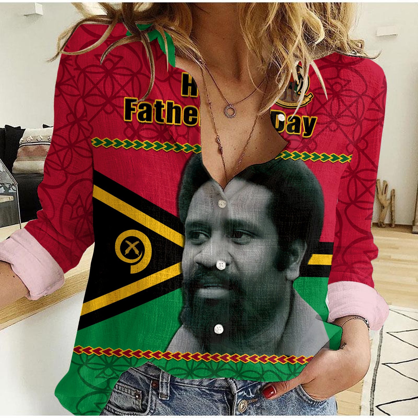Vanuatu Women Casual Shirt Vanuatuan Flag Sand Drawing Happy Father Lini Day LT14 Female Red - Polynesian Pride