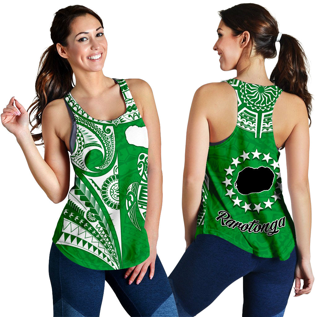 Rarotonga Cook Islands Women Racerback Tank Turtle and Map Style Green LT13 - Polynesian Pride