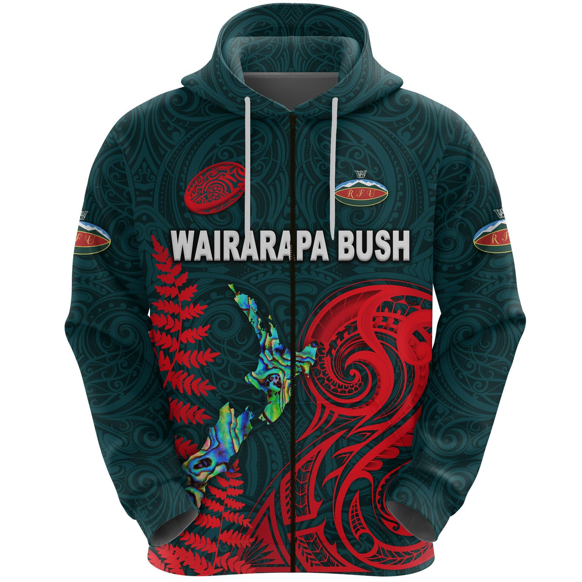 Custom Maori Wairarapa Bush Rugby Zip Hoodie New Zealand Silver Fern, Custom Text and Number - Polynesian Pride