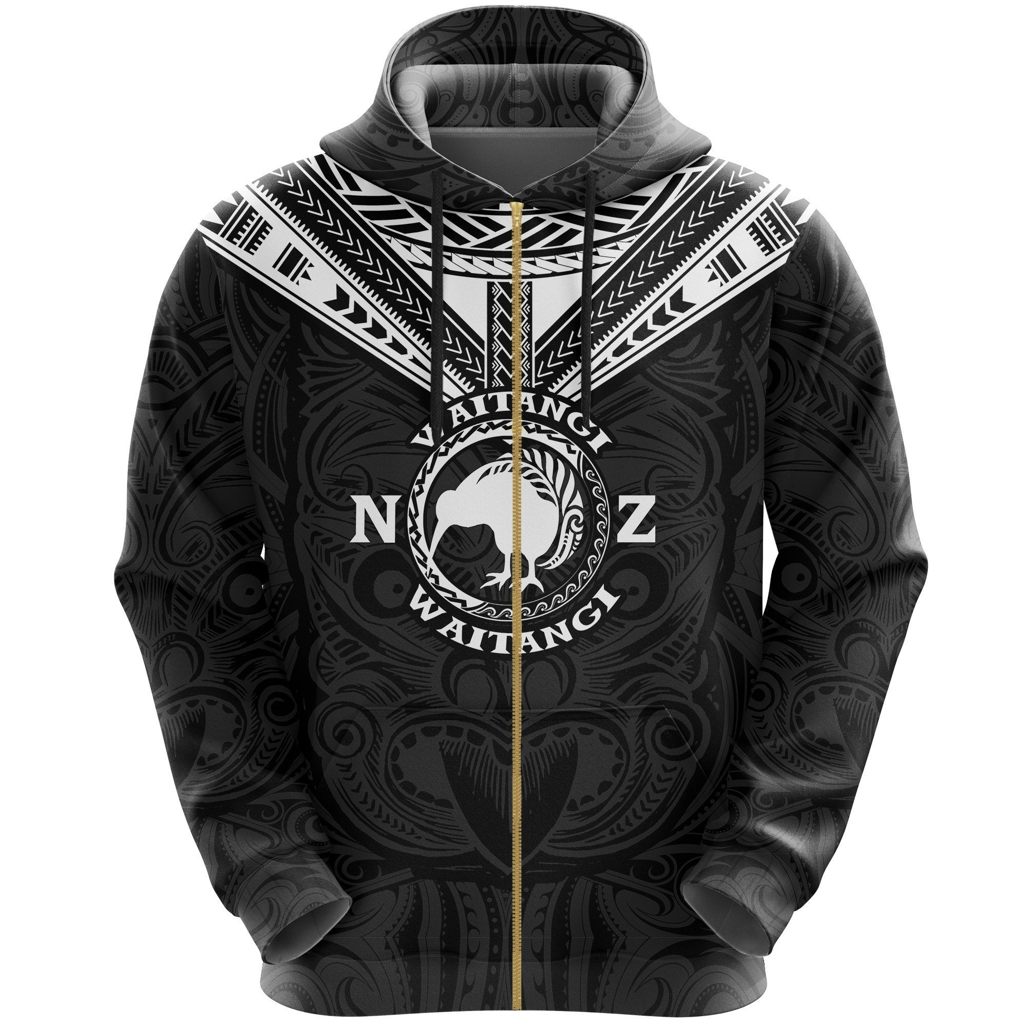 New Zealand Maori Zip Hoodie Waitangi Day Black Unisex Black - Polynesian Pride