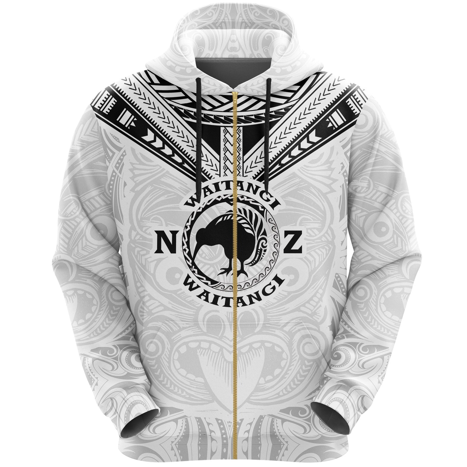 New Zealand Maori Zip Hoodie Waitangi Day White Unisex Black - Polynesian Pride