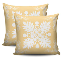 Hawaiian Quilt Maui Plant And Hibiscus Pattern Pillow Covers - White Beige - AH - Polynesian Pride