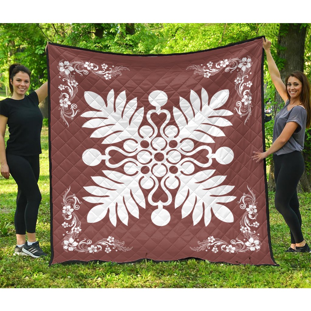 Hawaiian Quilt Maui Plant And Hibiscus Premium Quilt - White Coral - AH White - Polynesian Pride