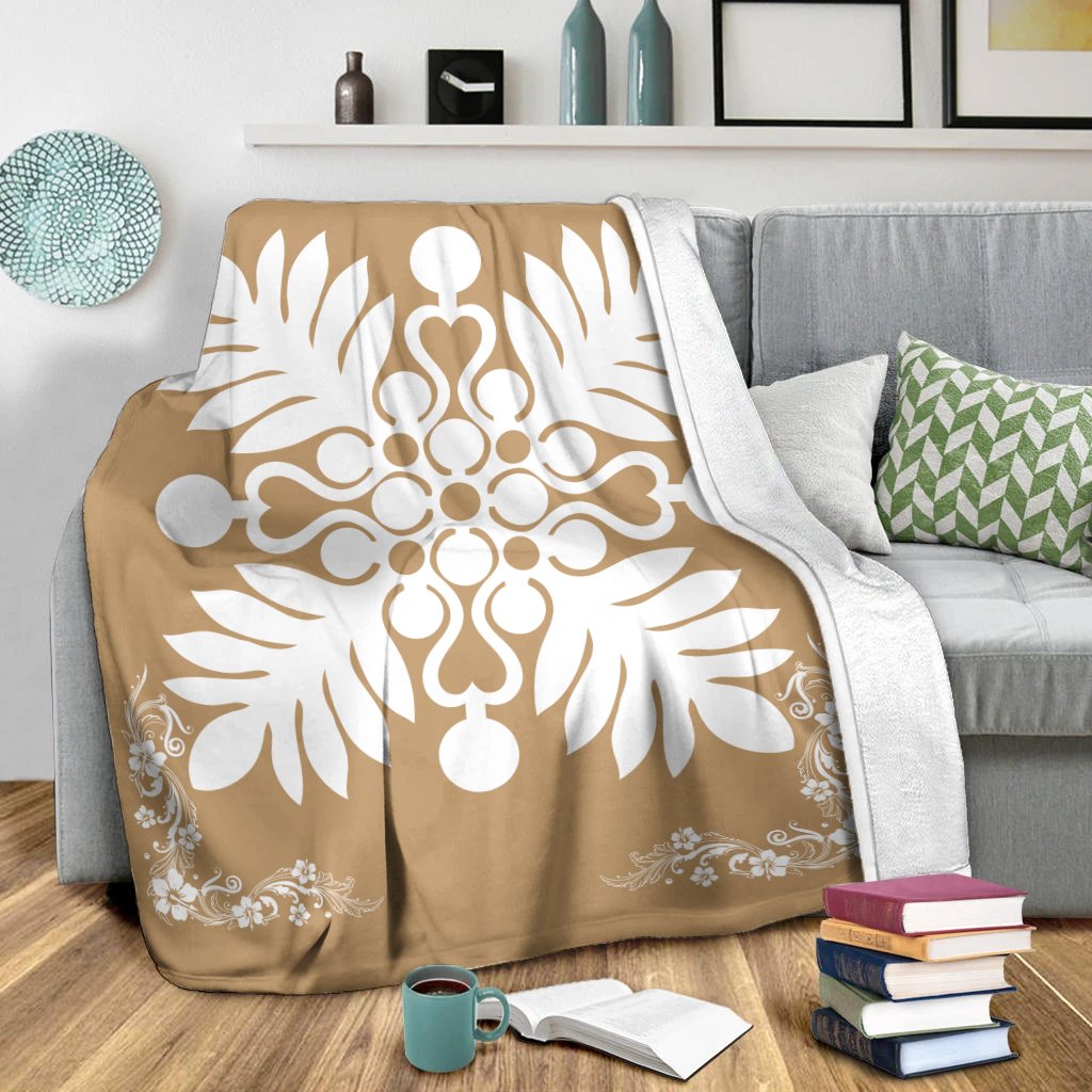 Hawaiian Quilt Maui Plant And Hibiscus Premium Blanket - White Gold - AH - Polynesian Pride