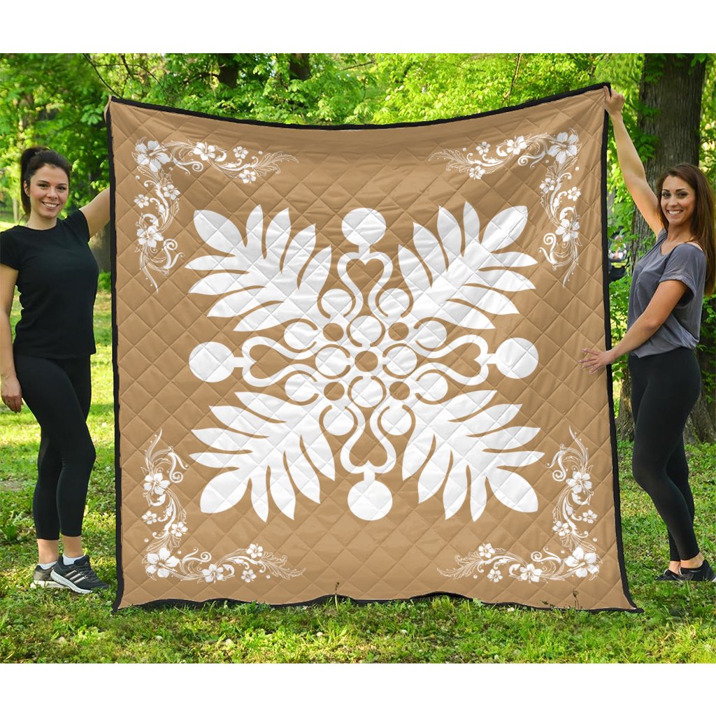 Hawaiian Quilt Maui Plant And Hibiscus Premium Quilt - White Gold - AH White - Polynesian Pride