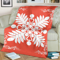 Hawaiian Quilt Maui Plant And Hibiscus Premium Blanket - White Orange - AH - Polynesian Pride