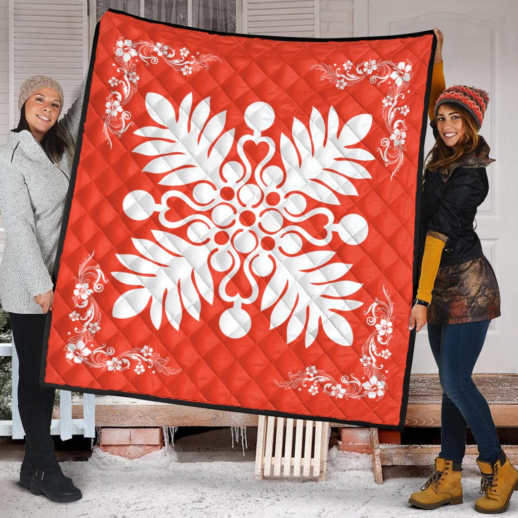 Hawaiian Quilt Maui Plant And Hibiscus Premium Quilt - White Orange - AH - Polynesian Pride