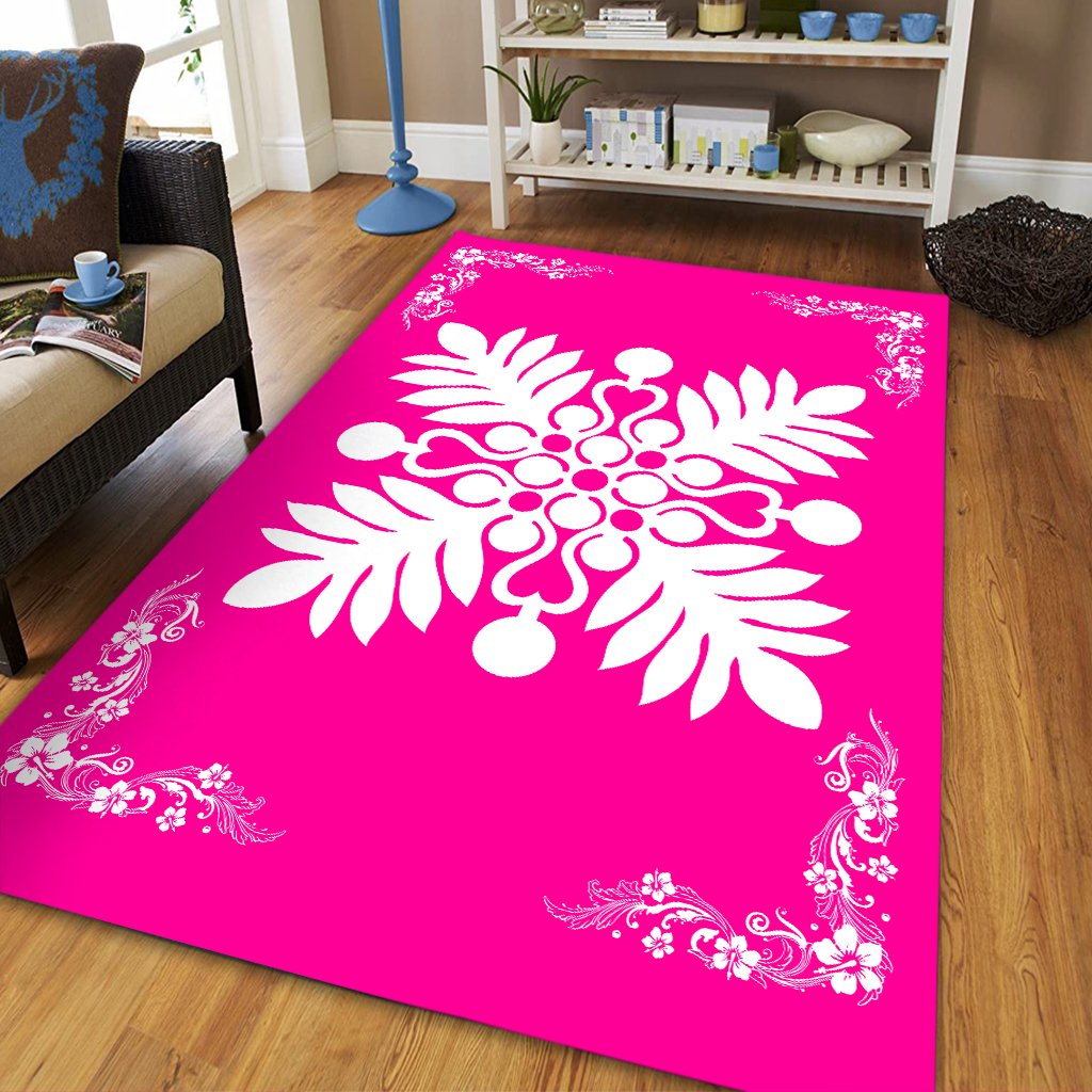 Hawaiian Quilt Maui Plant And Hibiscus Pattern Area Rug - White Pink - AH - Polynesian Pride