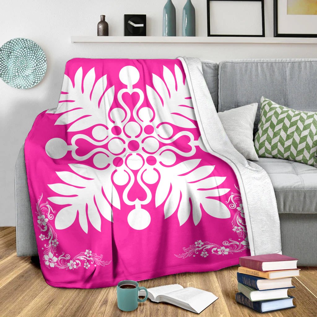 Hawaiian Quilt Maui Plant And Hibiscus Premium Blanket - White Pink - AH - Polynesian Pride