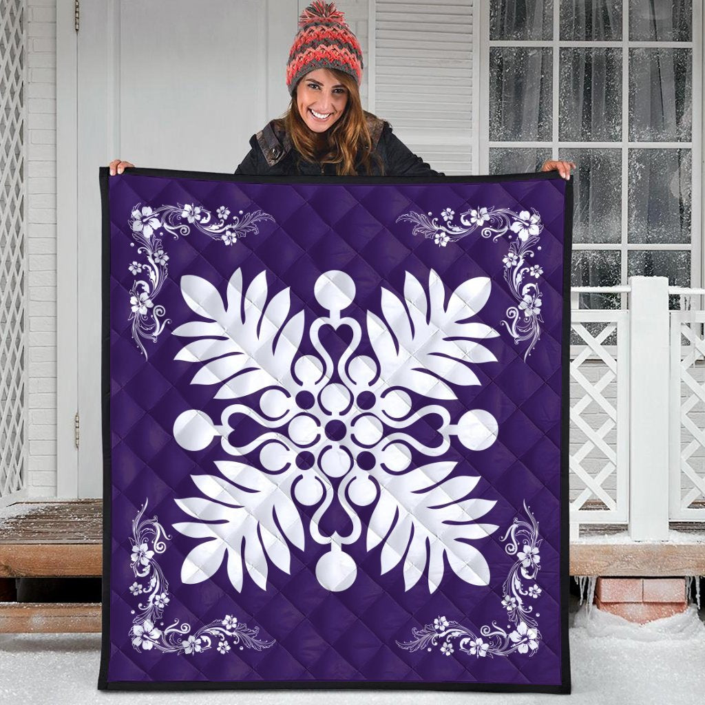 Hawaiian Quilt Maui Plant And Hibiscus Premium Quilt - White Purple - AH - Polynesian Pride