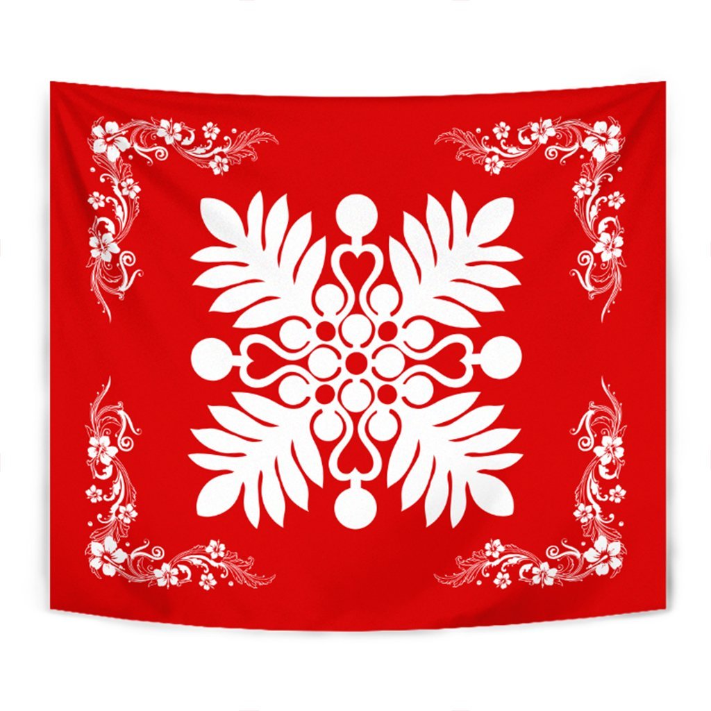 Hawaiian Quilt Maui Plant And Hibiscus Tappestry - White Red - AH Wall Tapestry White - Polynesian Pride