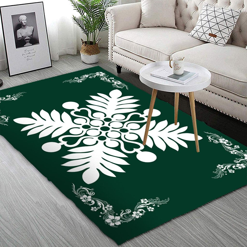 Hawaiian Quilt Maui Plant And Hibiscus Pattern Area Rug - White Sacramento - AH - Polynesian Pride