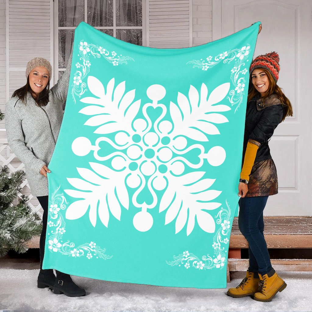 Hawaiian Quilt Maui Plant And Hibiscus Premium Blanket - White Turquoise - AH - Polynesian Pride