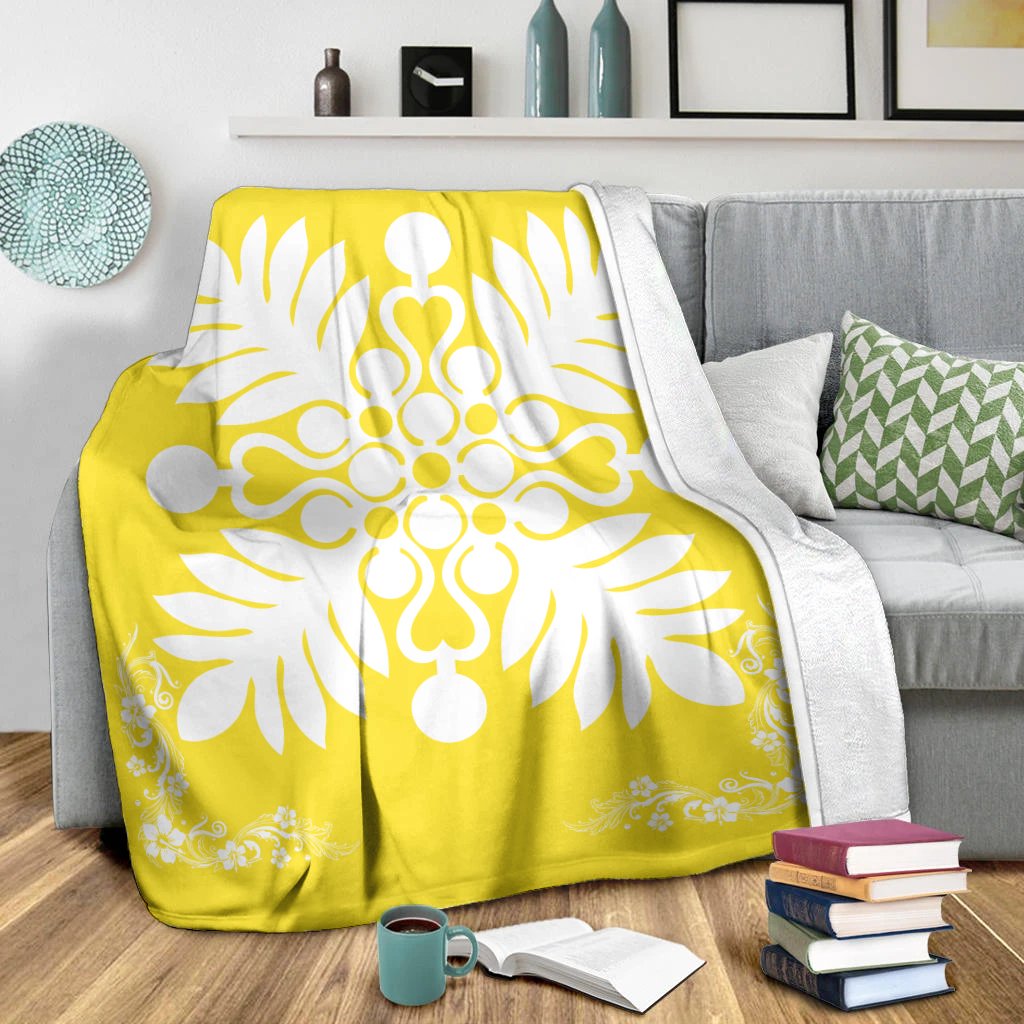Hawaiian Quilt Maui Plant And Hibiscus Premium Blanket - White Yellow - AH - Polynesian Pride