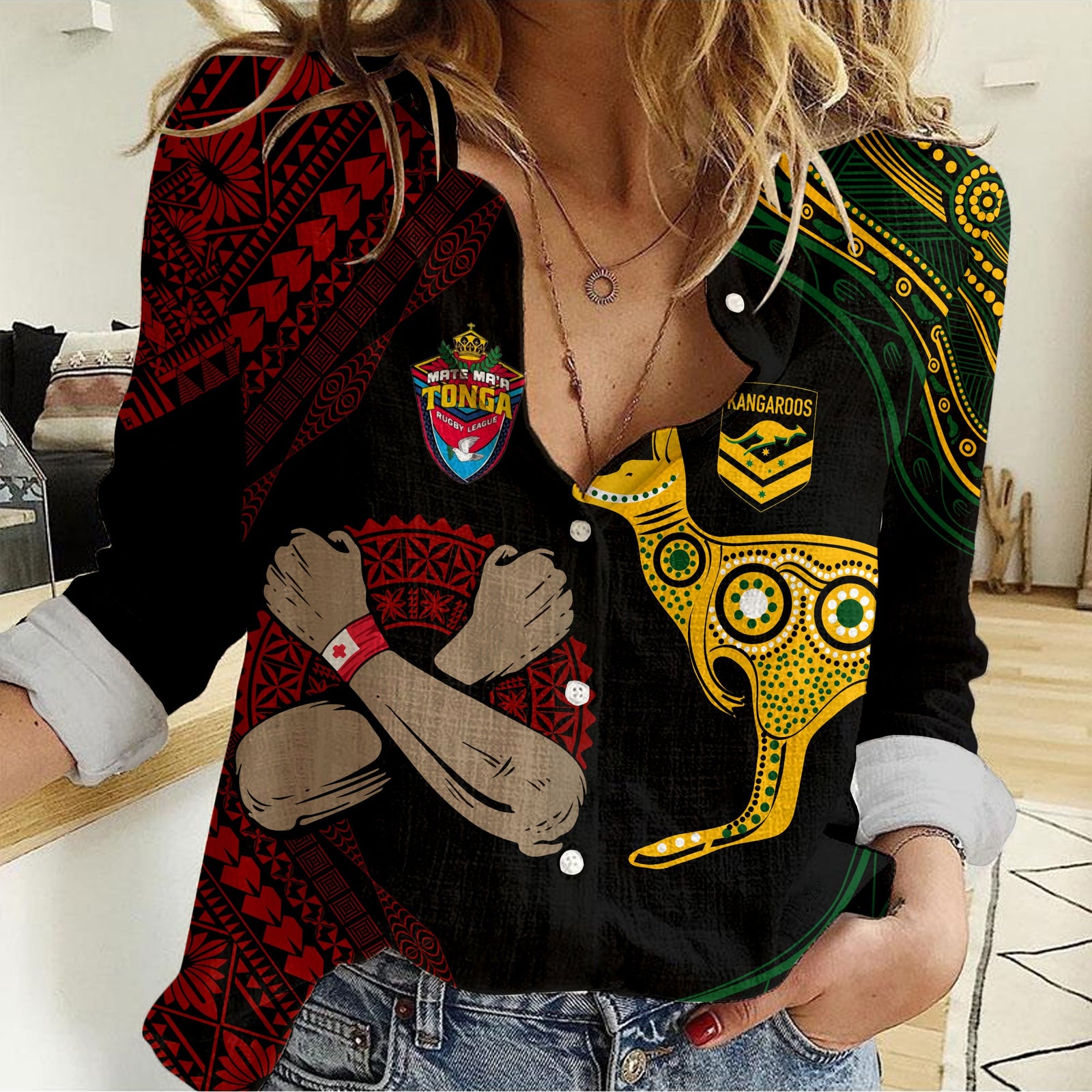 Personalised Aussie Kangaroos Mix Mate Maa Tonga Women Casual Shirt Aboriginal with Kupesi LT7 Female Black - Polynesian Pride