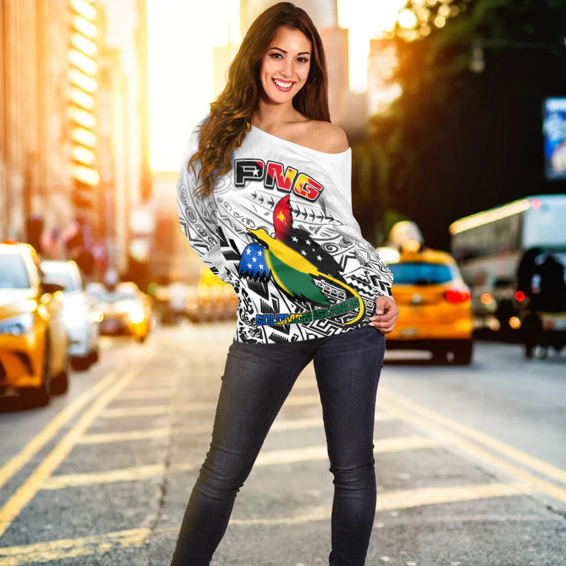 Papua New Guinea And Solomon Islands Off Shoulder Sweater LT6 Women white - Polynesian Pride