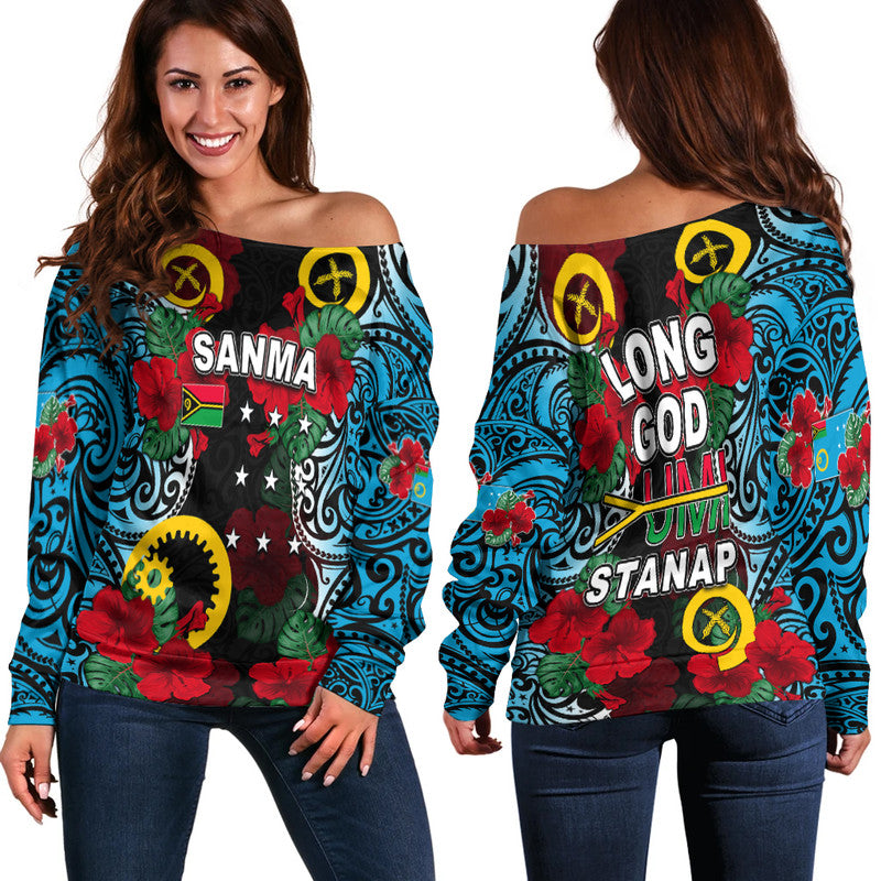 Vanuatu Sanma And Hibiscus Off Shoulder Sweater LT6 Women Black - Polynesian Pride