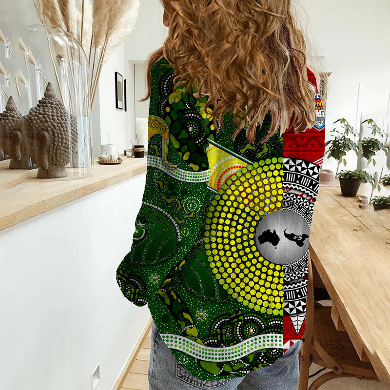Mate Ma'a Tonga Ngatu And Australia Kangaroos Aboriginal Woman Casual Shirt Rugby Together LT8 - Polynesian Pride