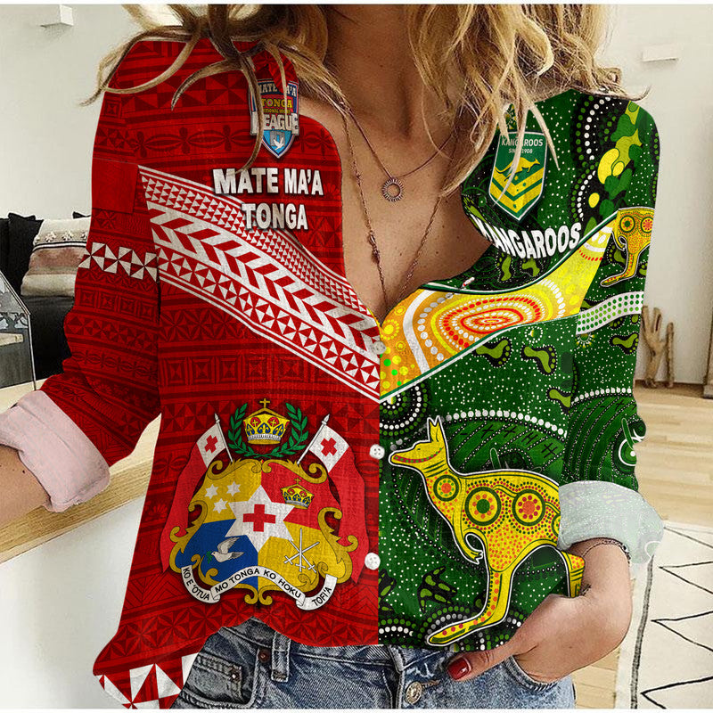 Mate Ma'a Tonga Ngatu And Australia Kangaroos Aboriginal Woman Casual Shirt Rugby Together LT8 Female - Polynesian Pride