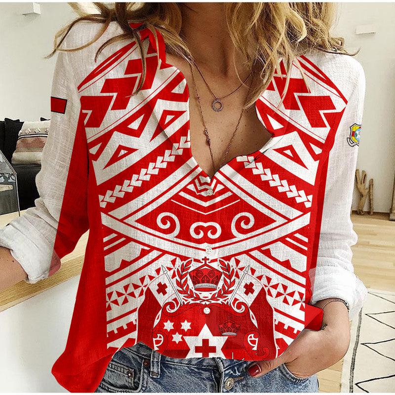Tonga Rugby Sevens Women Casual Shirt Coat of Arms Tribal Polynesian Pattern LT9 Female Red - Polynesian Pride