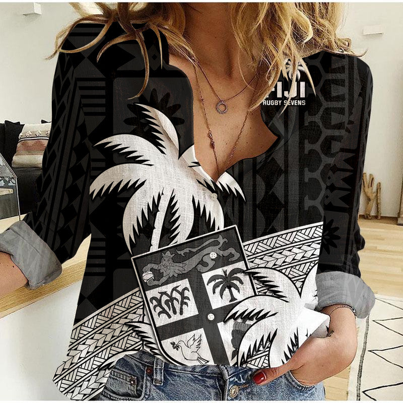 Fiji Rugby Sevens Women Casual Shirt Tapa Palm Tree and Fijian Coat of Arms LT9 Female Blue - Polynesian Pride