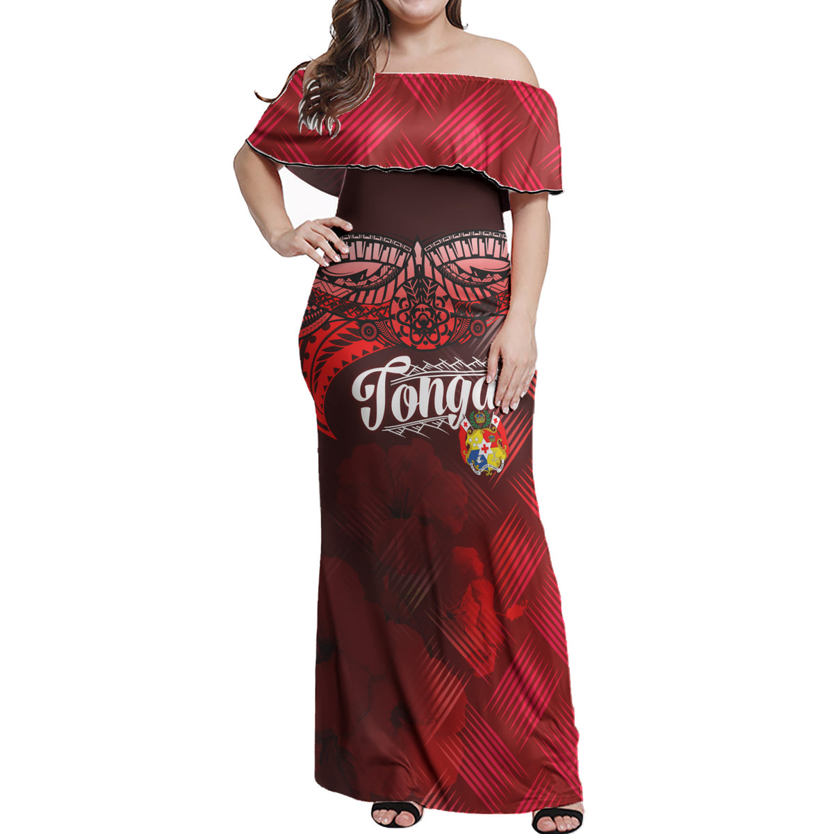 Tonga Polynesian Woman Off Shoulder Long Dress - Tonga Coat Of Arms With Lauhala Tribal Pattern Women Red - Polynesian Pride