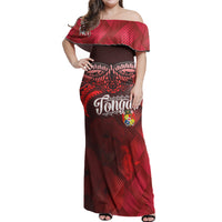 Tonga Polynesian Woman Off Shoulder Long Dress - Tonga Coat Of Arms With Lauhala Tribal Pattern Women Red - Polynesian Pride