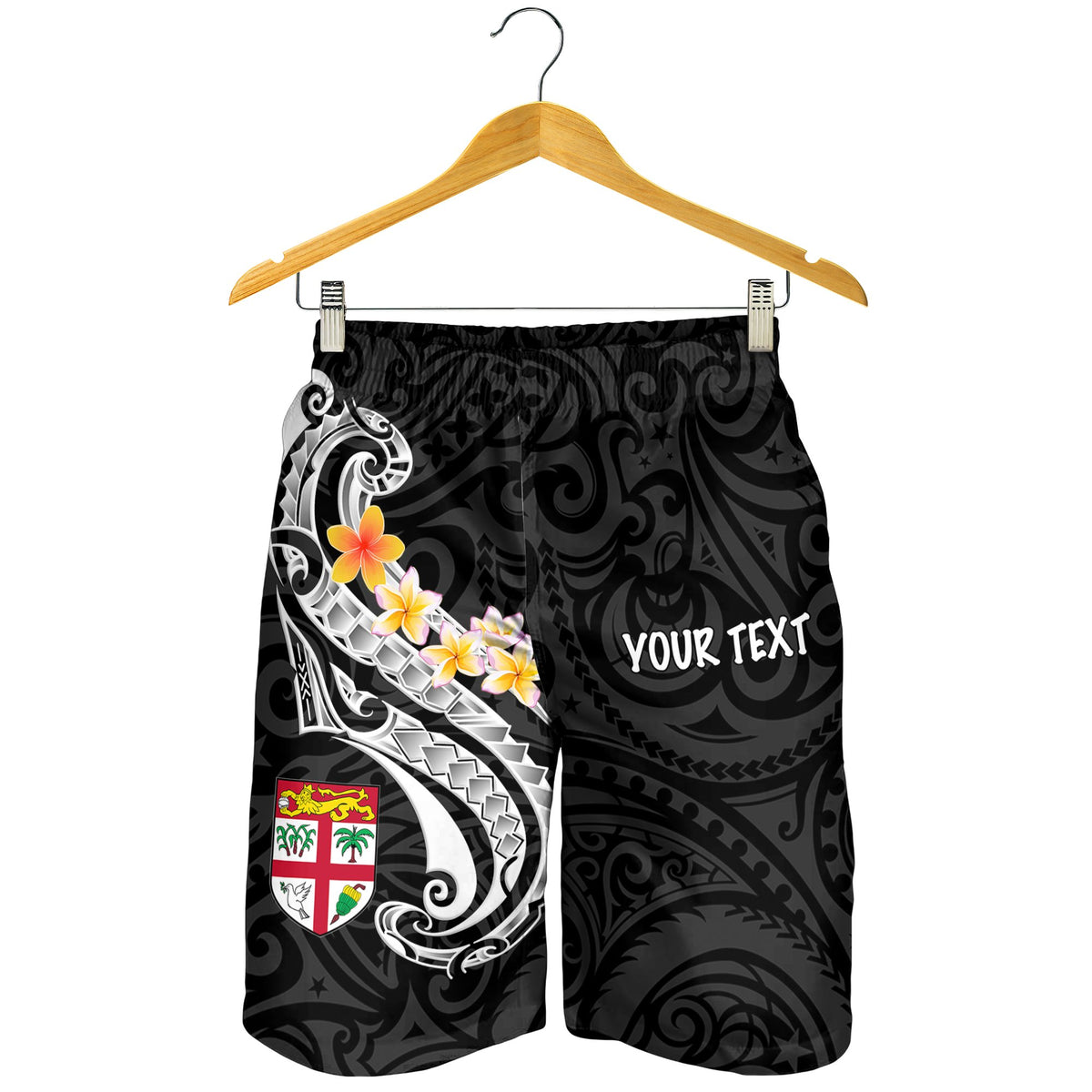 Fiji Custom Personalised Men's Short - Fiji Seal Polynesian Patterns Plumeria (Black) - Polynesian Pride
